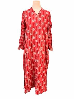 Baroque Embroidered Striped Cotton Kurta Tunic Dress Red White Size Large Boho